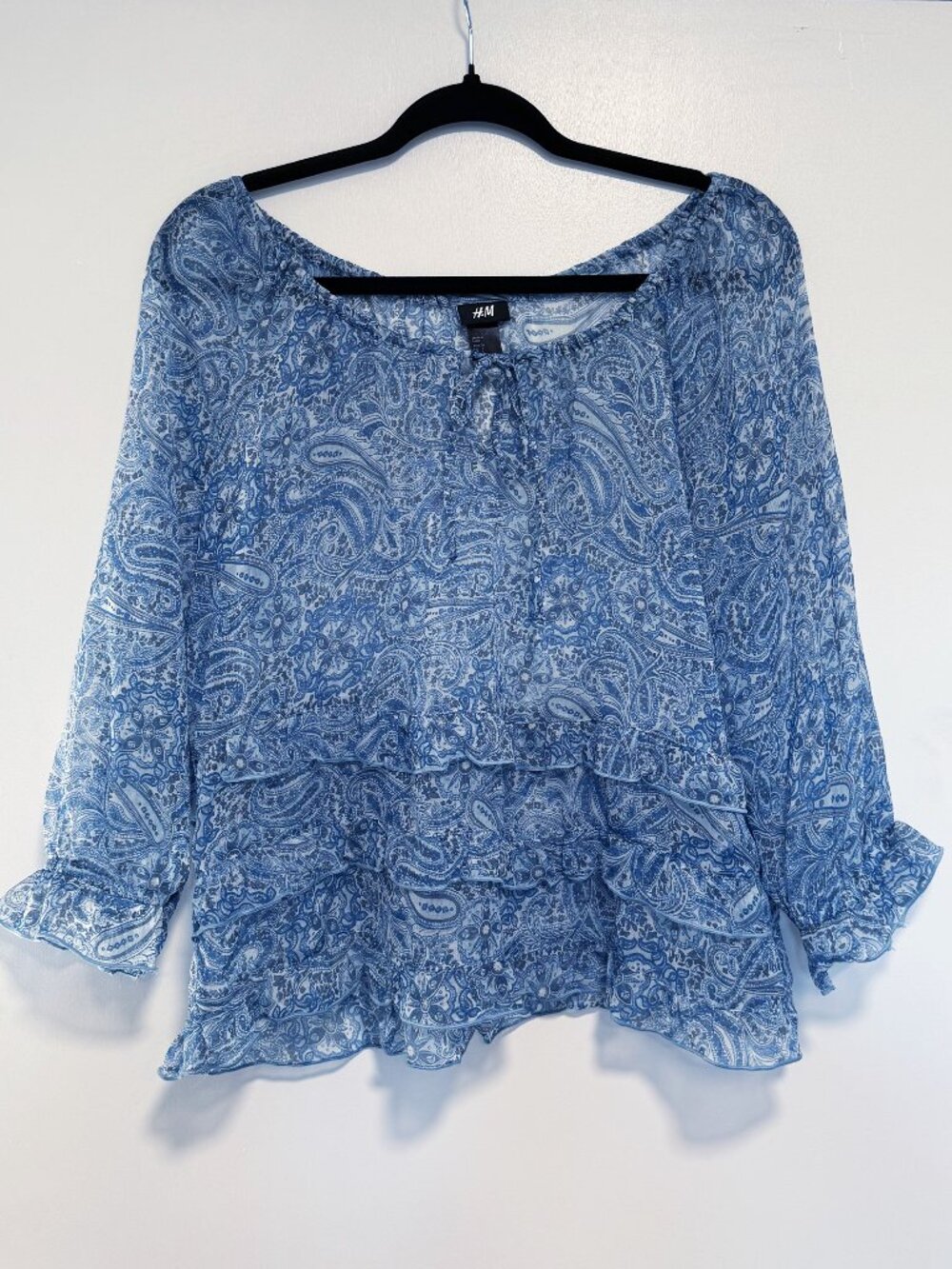 H&M Blue Paisley Peasant Blouse | Boho Sheer Ruffle Top | Size 6
